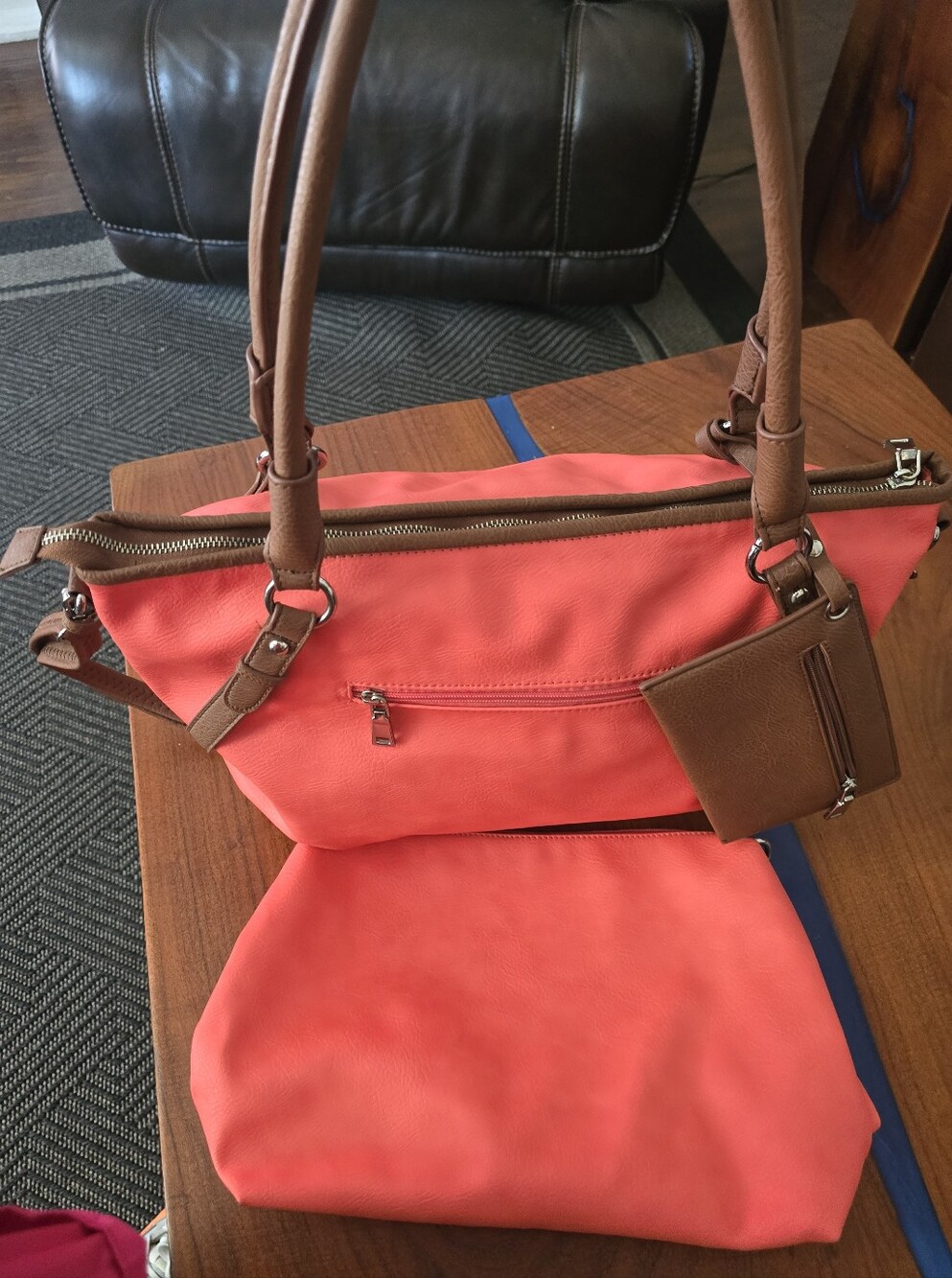 Coral Pink Shoulder Bag & Brown Trim - Classic Everyday Tote 3 In 1 Black Rivet - Picture 8 of 16